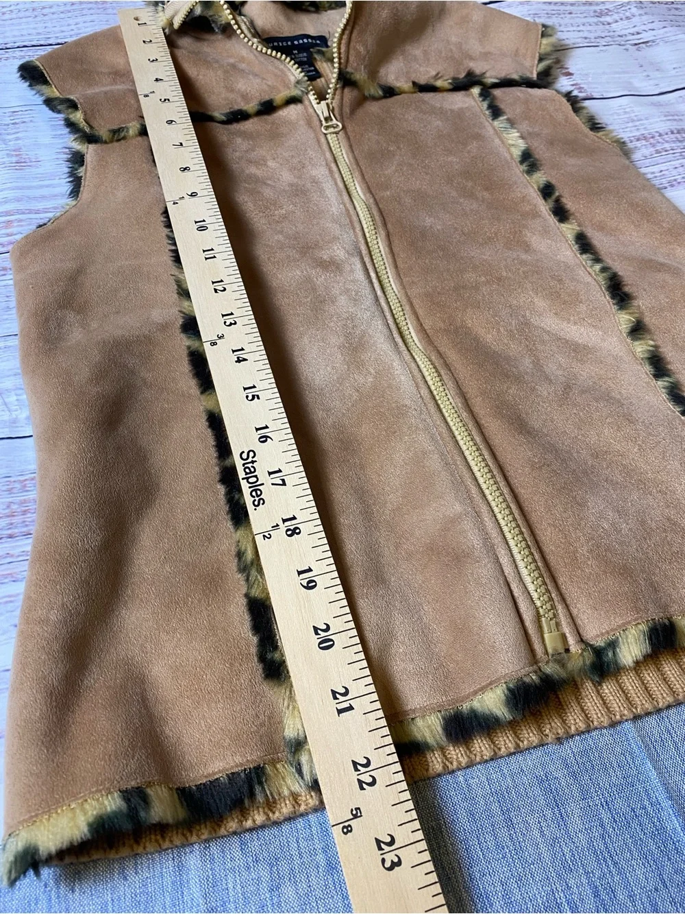 Faux Suede Tan Vest with Leopard Trim Juniors Sz-M